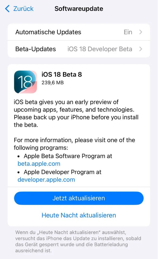 托喀依乡苹果手机维修分享苹果 iOS / iPadOS 18 开发者预览版 Beta 8 发布 